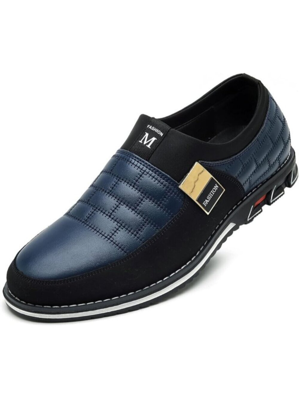 Men's Blue Plaid Grid Gold Hardware Slip-on Business Loafer Leather Dress Shoes